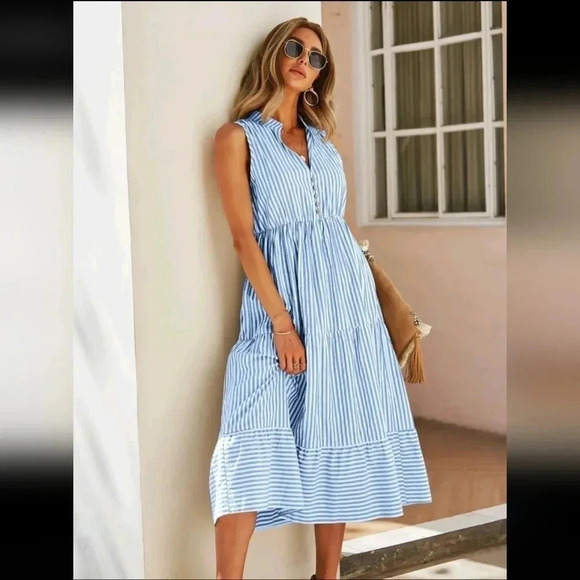 Striped Print Notched Neck A-line Dress - Picture 3 of 6